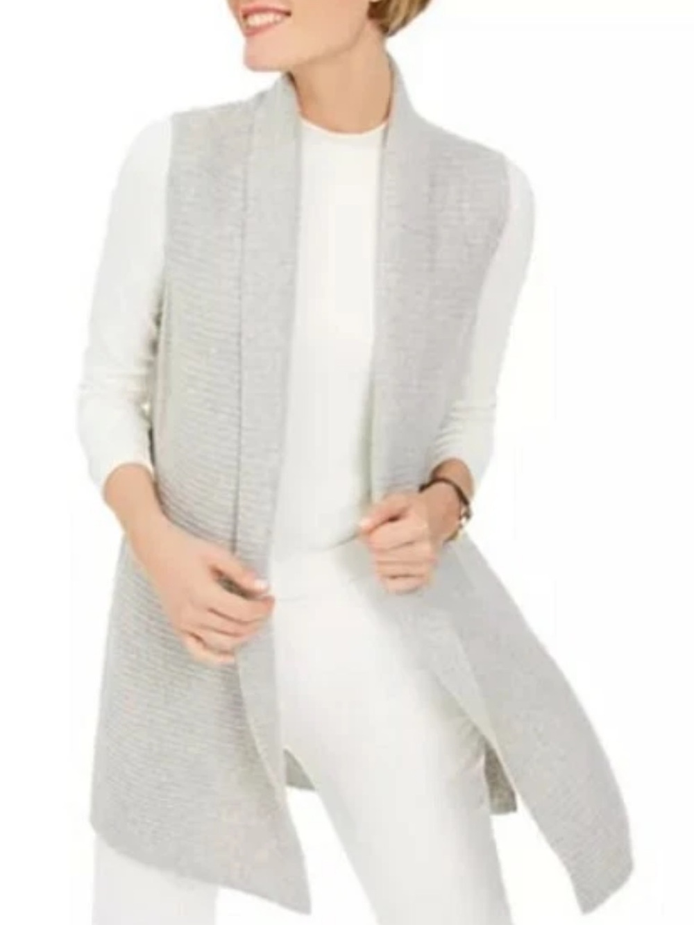 CASHMERE CHARTER CLUB Women’s Light Gray Open-Front Sweater Vest